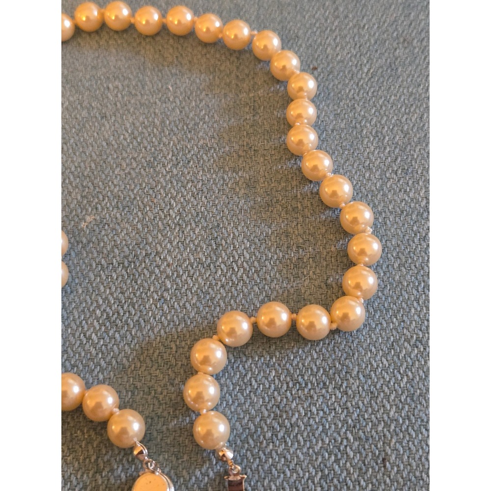 Vintage Cream Faux Pearl Knotted Necklace Gold Tone Filigree Box Clasp